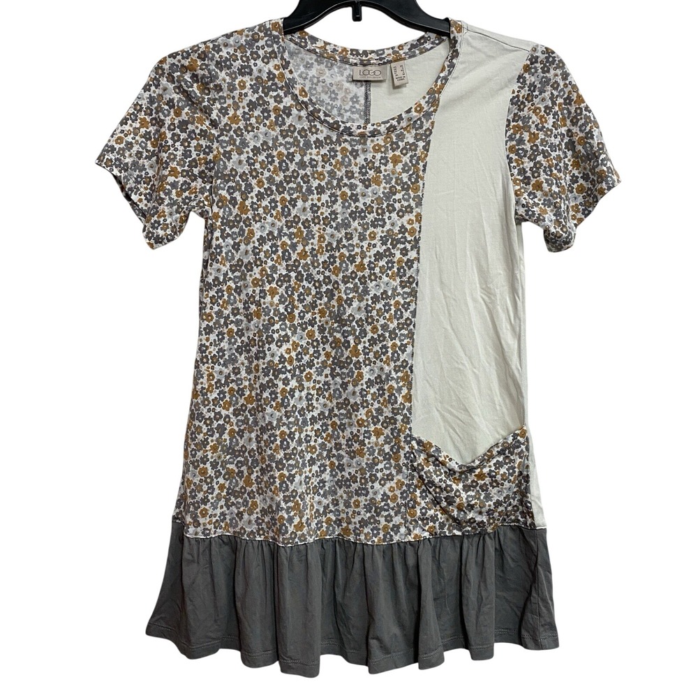 LOGO By Lori Goldstein Women Size XS Floral Short Sleeve Top Blouse Cottagecore